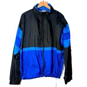 Cheetah Vintage Black Blue  Windbreaker Men L Full Zip Vinted Pockets Hood.